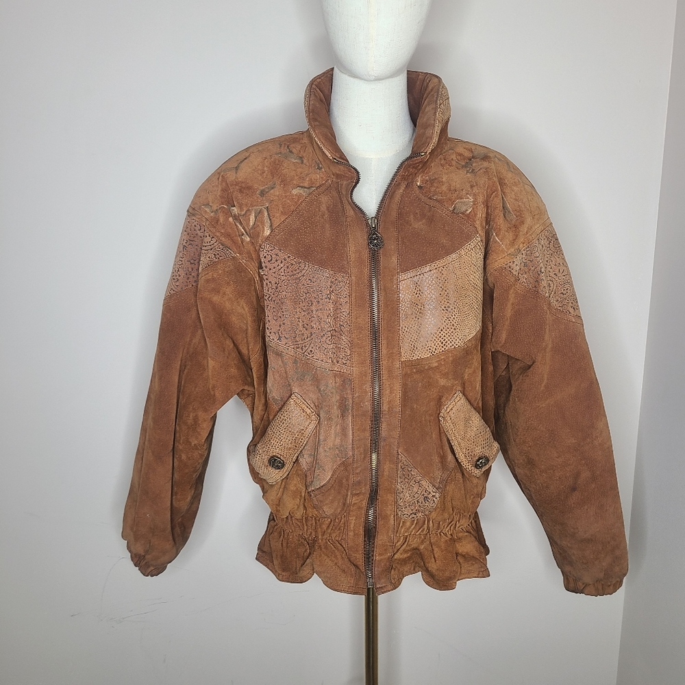 Vintage WINLIT 80s Leather Patchwork Print Bomber‎ Jacket Coat Size S